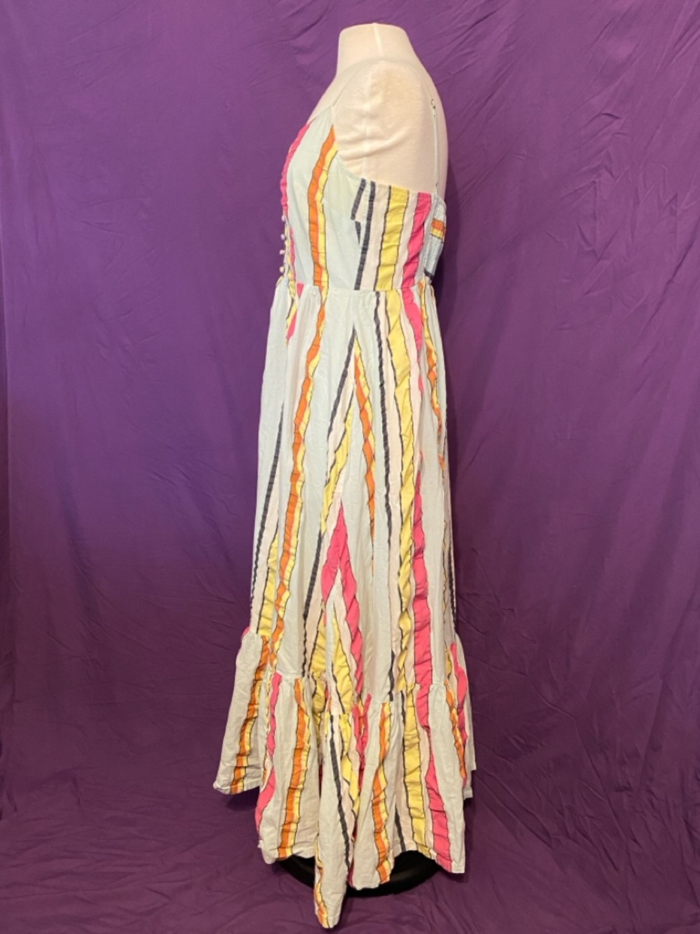 J. Crew Striped Ruffle Maxi Dress in Blue/Pink/Yellow/Orange. Size 10. - Picture 2 of 6